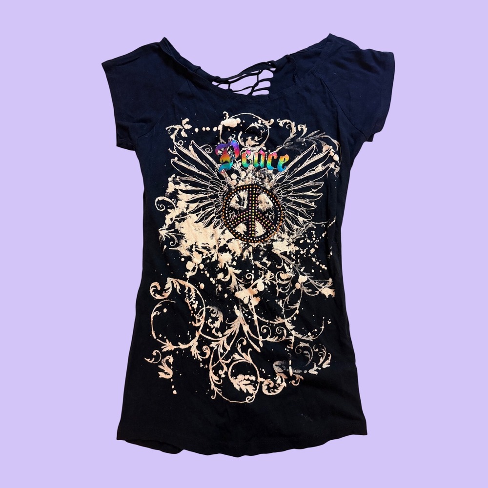 Y2K MAX Rave Peace Sign Rhinestone Graphic Tee Cut Back Scene #19